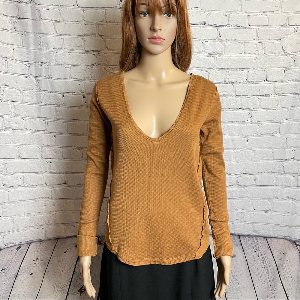 NWT New Free People Bronze V-Neck Long Sleeve Thermal Top Size XS